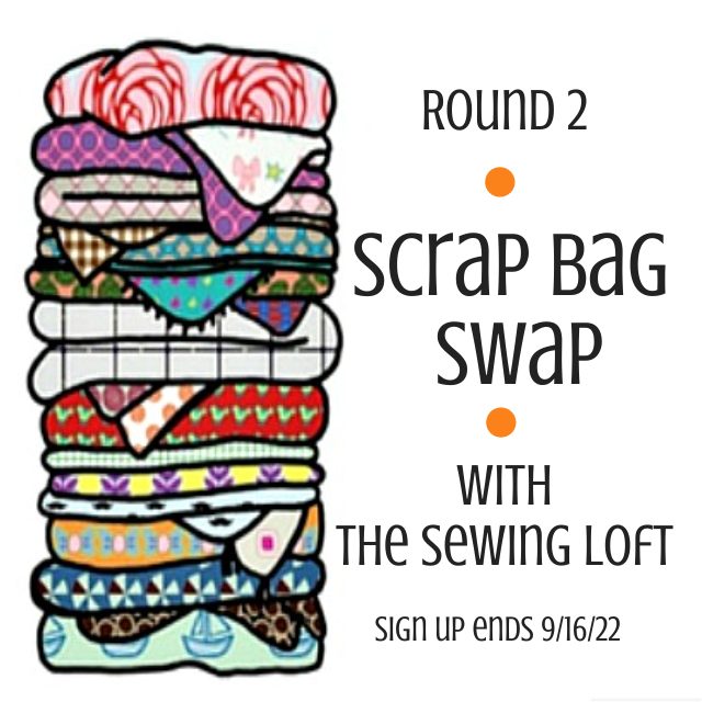Does your fabric stash need a refresh? Join the SWAP and let's exchange! Bag of fabric scraps with The Sewing Loft