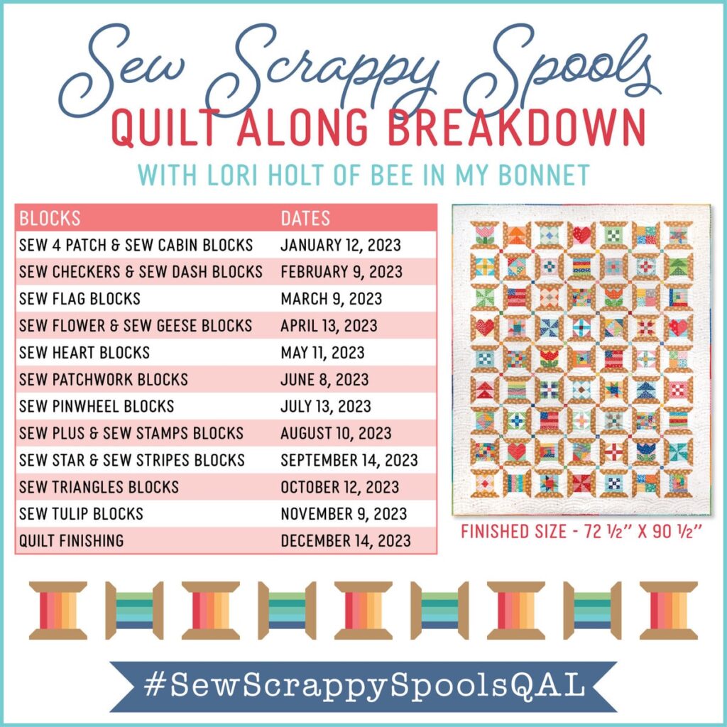 Each month I'll be stitching a few blocks from the Sew Scrappy Spools quilt along. Come join me!