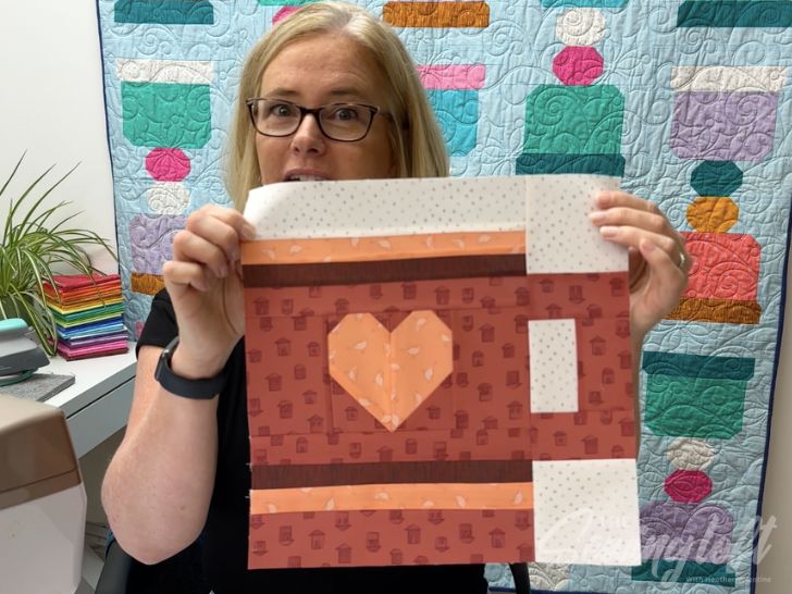 Finished Heart Mug quilt block. Pattern by The Sewing Loft