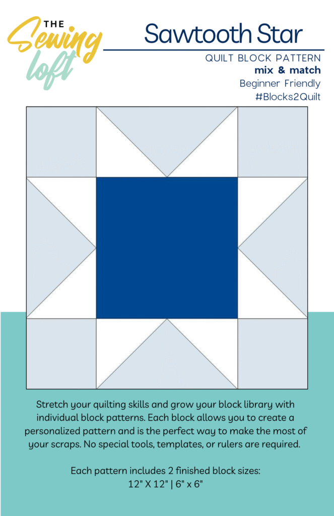 Learn how to sew the Sawtooth Star—an easy, beginner-friendly quilt block using flying geese. Includes 6" & 12" sizes in the Blocks2Quilt series.