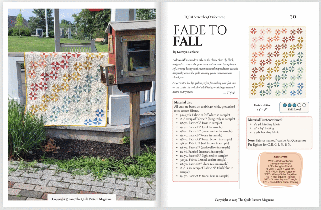 Raid your scrap stash and stitch up this fall inspired quilt. Pattern included in the September Issue of The Quilt Pattern Magazine.